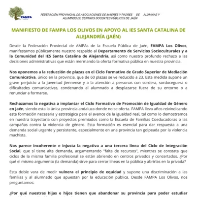 Manifiesto de FAMPA Los Olivos en apoyo al IES Santa Catalina de Alejandria (Jaén)